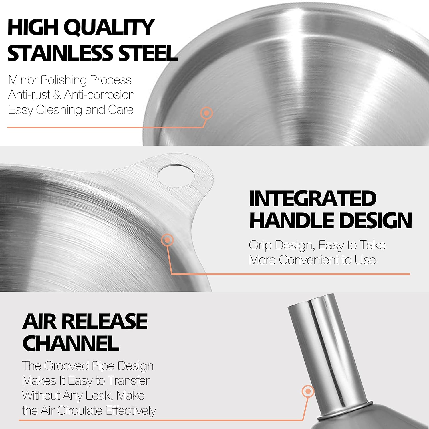Anaeat Stainless Steel Mini Kitchen Funnel Set, 3 Pack Durable Metal Filling Funnels For Transferring Liquid, Dry Ingredients, Cosmetic Lotion, Fluid, Spices, Powder - Food-Grade & High Heat Resistant