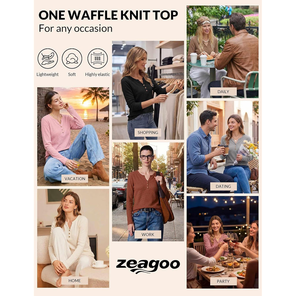 Zeagoo Women's Long Sleeve Waffle Knit Shirts Dressy Casual Loose Button Up V Neck Tops 2026 Fall Basic Tee Blouse