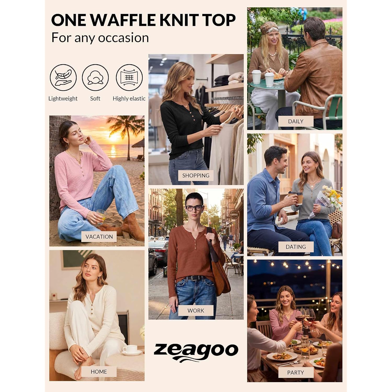Zeagoo Women's Long Sleeve Waffle Knit Shirts Dressy Casual Loose Button Up V Neck Tops 2026 Fall Basic Tee Blouse