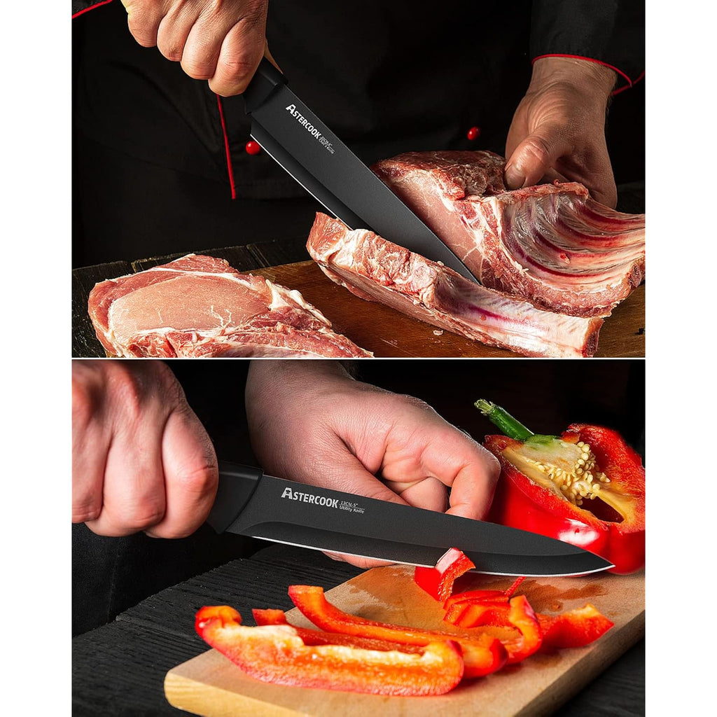 Astercook Knife Set, Kitchen Knife Set with Built-in Sharpener Block, Dishwasher Safe, 15 Pieces German Stainless Steel Knife Block Set, Black Perfect Kitchen Gifts for Mom Dad