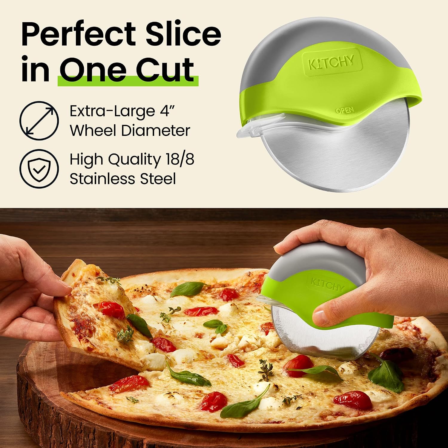 Kitchy Pizza Cutter Wheel, Heavy Duty Ergonomic Pizza Slicer With Easy Grip Non-Slip Handle And Blade Cover, Dishwasher Safe (Green)