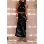 Prettygarden Women'S 2 Piece Satin Outfits Summer Sleeveless Mock Neck Crop Tops And Long Skirt Dress Sets