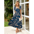 Simplee Womens Floral Maxi Dress - Short Sleeve Summer Boho Wedding Guest Dress Empire Waist Chiffon Modest Midi Dresses