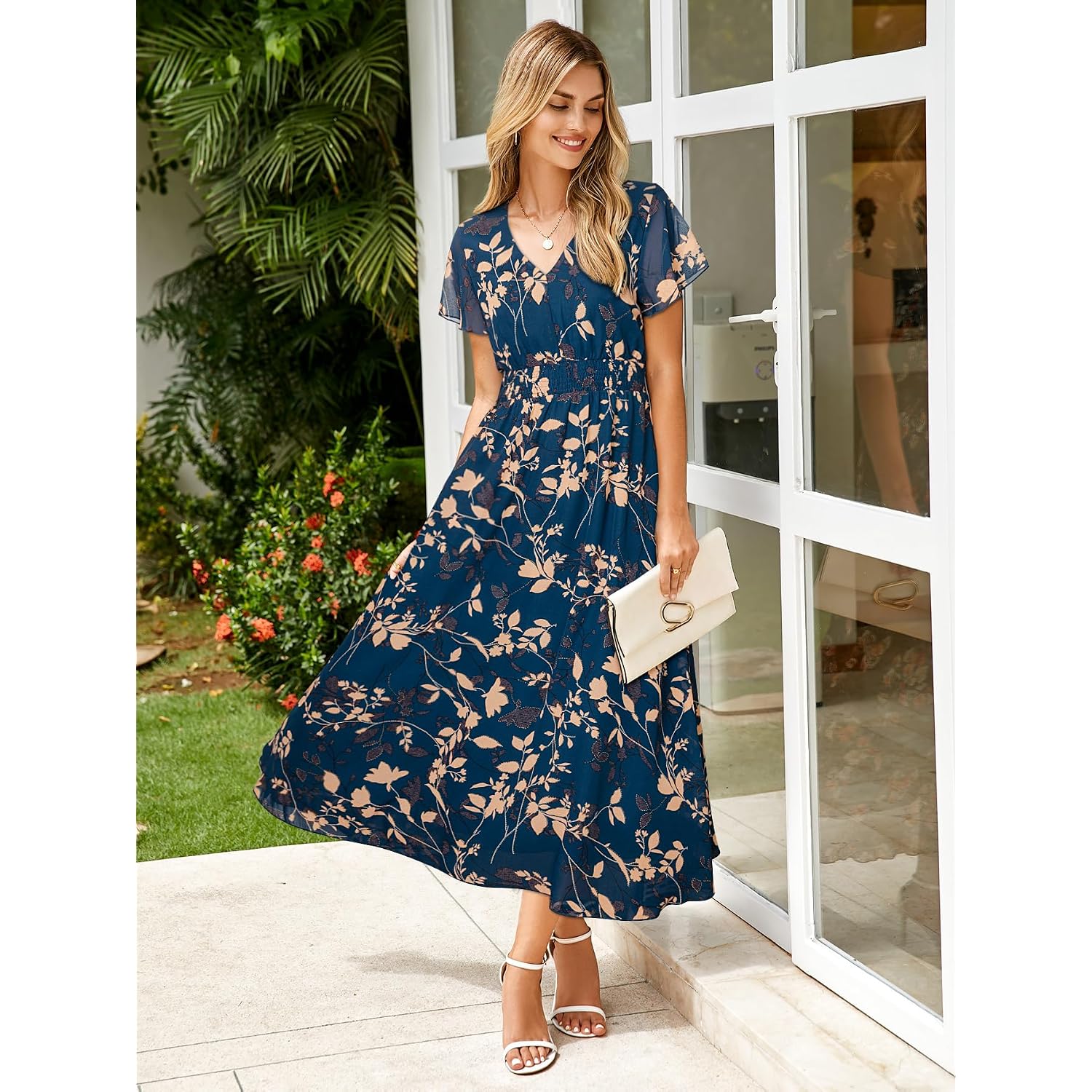 Simplee Womens Floral Maxi Dress - Short Sleeve Summer Boho Wedding Guest Dress Empire Waist Chiffon Modest Midi Dresses