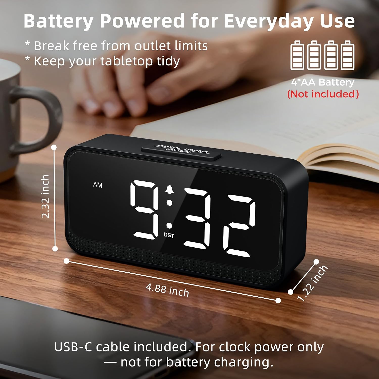 Battery Operated Small Alarm Clock: Digital Compact Large Display Cordless Clock For Bedroom Travel - Simple To Use For Seniors Teens White Digits