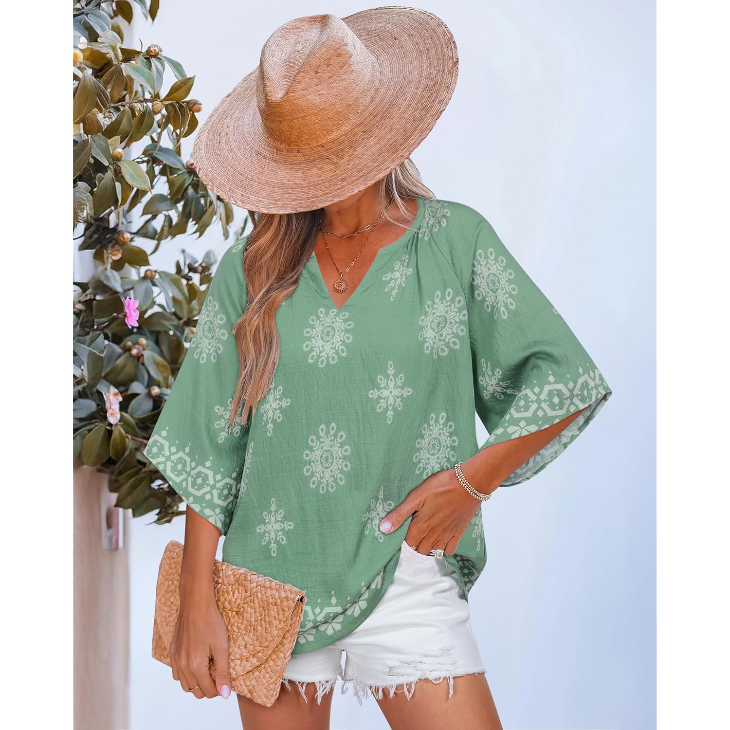 Womens 3/4 Sleeve V Neck Bohemian Peasant Blouses Casual Loose Fit Tunic Tops