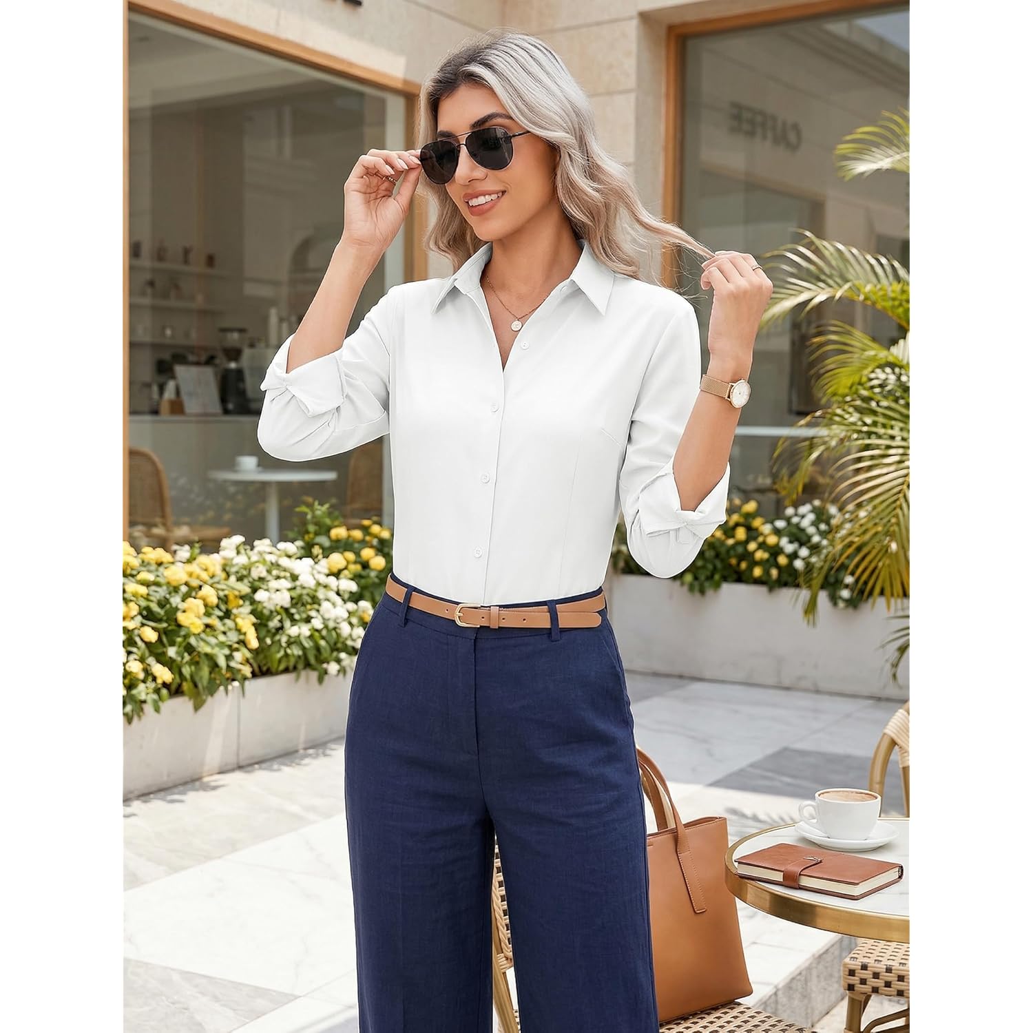 Button Down Shirts for Women Wrinkle Free Long Sleeve Collared Dress Blouses Casual Work Office Tunics Tops