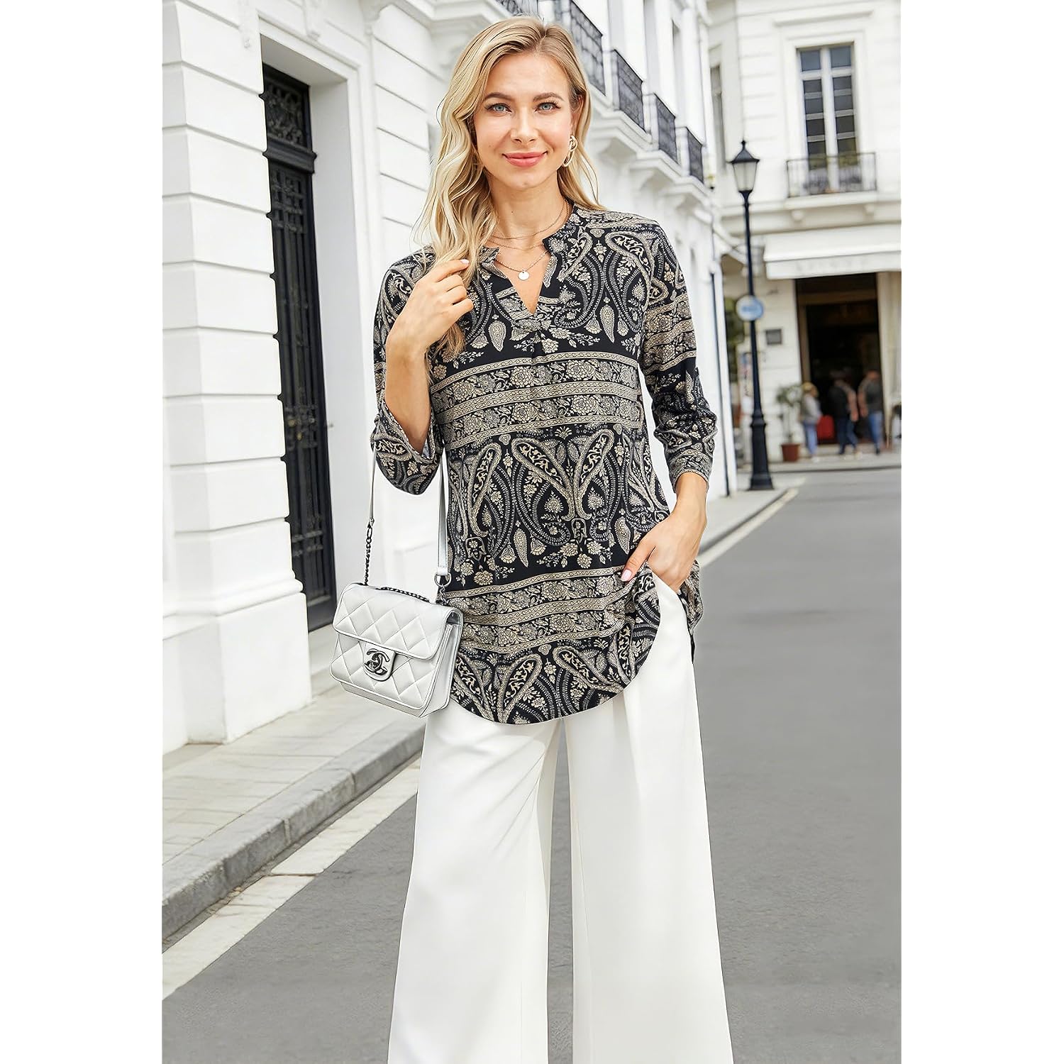 Bepei Womens Tops Dressy Casual 3/4 Sleeve Blouses V Neck Business Work Shirts
