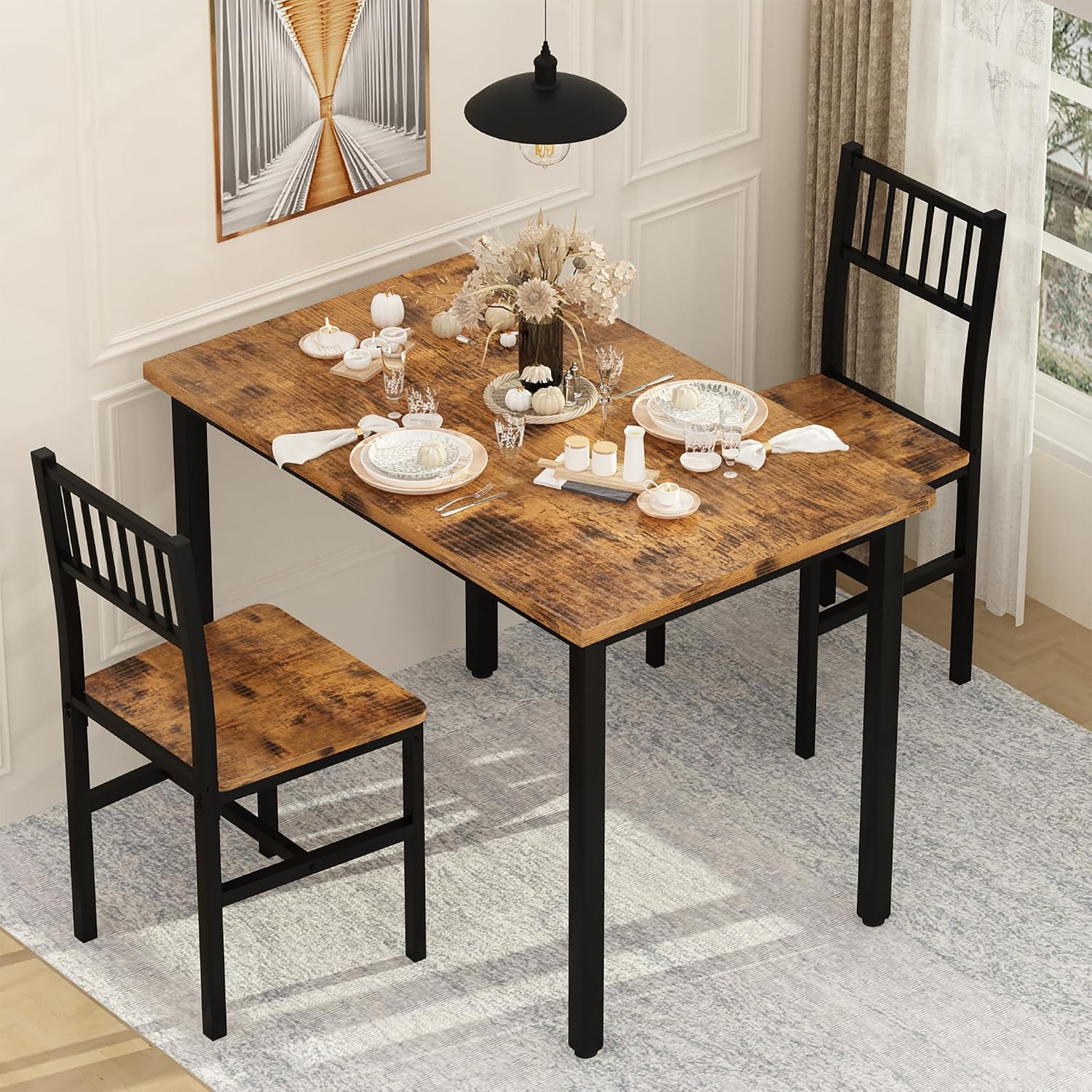Awqm 3 Piece Dining Table Set For 2, Small Kitchen Table Set For 2 With Chairs,Wood Breakfast Nook Table And Chairs Set Of 2,Dinette Set For Small Space,Dining Room,Apartment, Brown