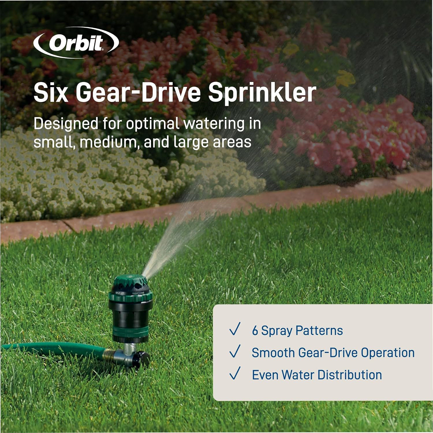 Orbit H2O-Six Gear-Drive Sprinkler On Metal T-Spike - Customizable Lawn Watering Coverage - Multi-Pattern Rotating Head With Adjustable Spray Range - Durable Outdoor Yard Irrigation Sprinkler - 58573
