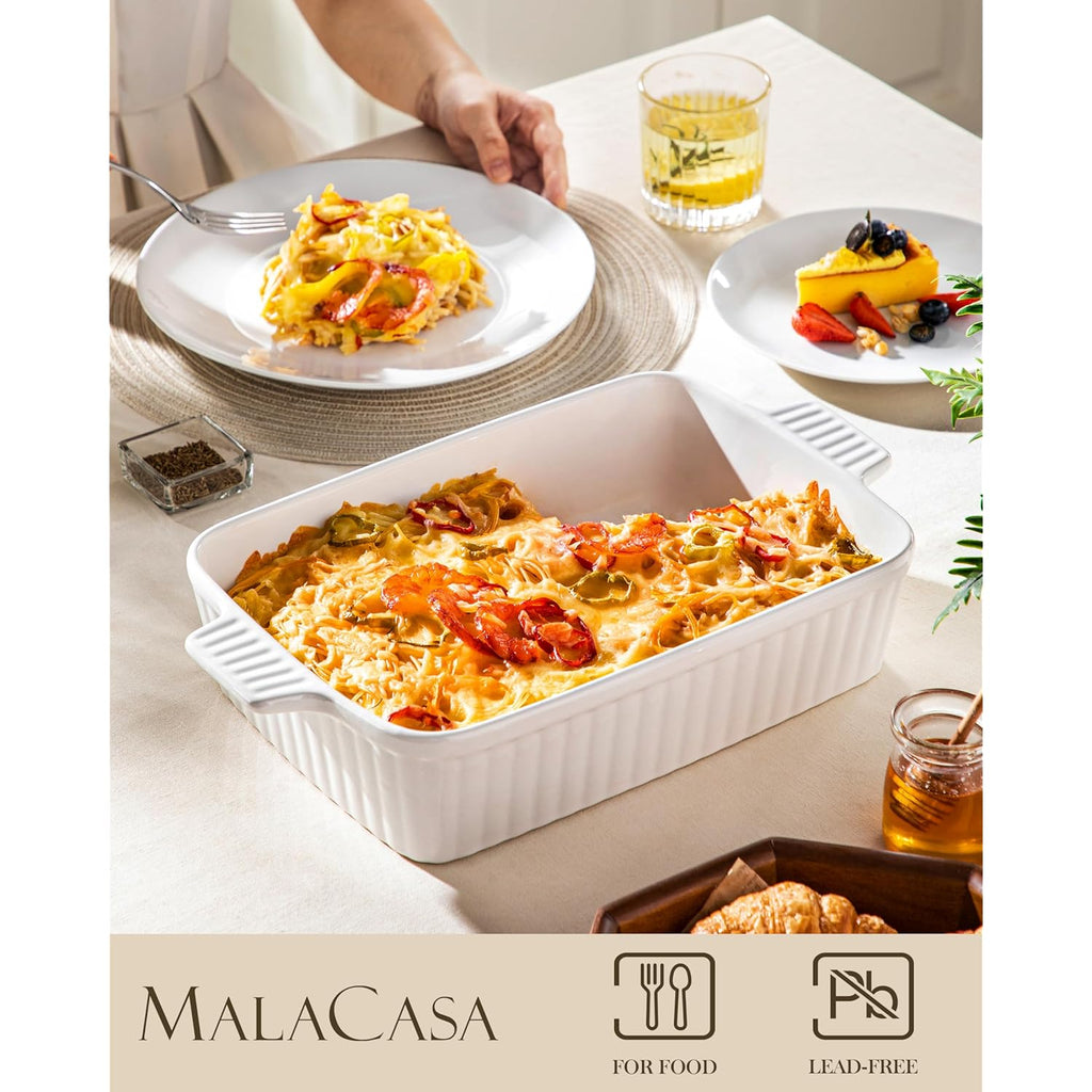 MALACASA 4.4 QT Baking Dish, 9x13 Large Casserole Dish for Oven, Ceramic Baking Pan, Rectangular Lasagna Pan Deep with Handles for Baking, Durable Microwave Oven Safe, Wedding Gift,White, Series BAKE-BAKE