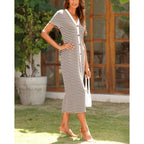 Btfbm Women Casual Summer Dresses Short Sleeve Striped Midi Dresses Decorative Button Ribbed Knit Dresses Party Dresses