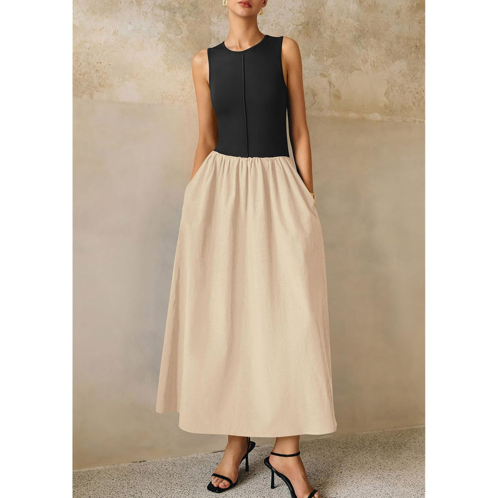 Prettygarden Maxi Dresses For Women 2026 Summer Casual Sleeveless Patchwork Flowy Vacation Sundress Knit Long Work Tank Dress