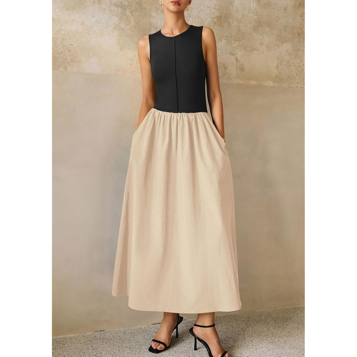Prettygarden Maxi Dresses For Women 2026 Summer Casual Sleeveless Patchwork Flowy Vacation Sundress Knit Long Work Tank Dress