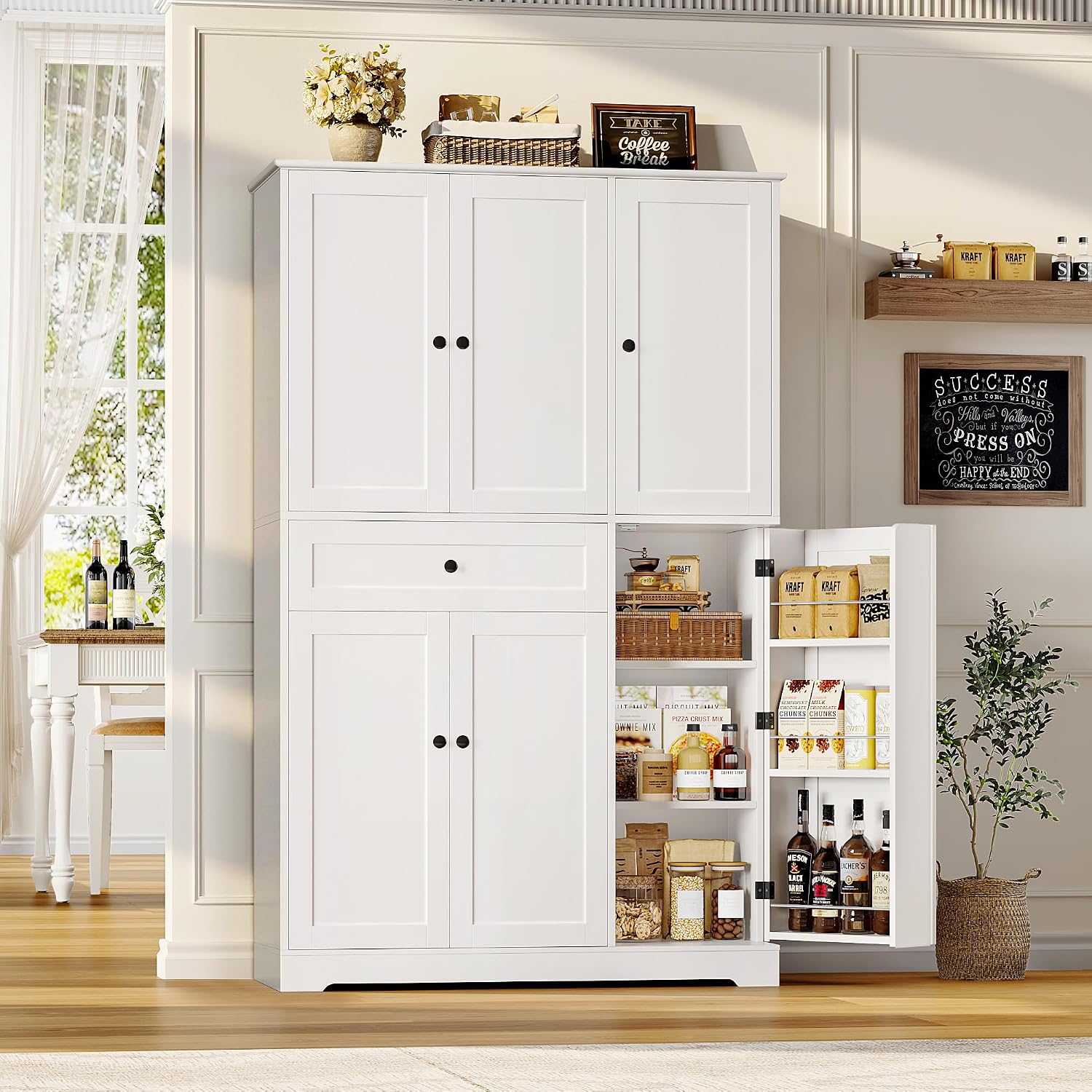 Hostack 68" Tall Kitchen Pantry Storage Cabinet With Doors & Shelves, White | Large Pantry Cabinet With Door Rack, Freestanding Kitchen Storage Cabinet With Drawer, Food Pantry For Dining Living Room