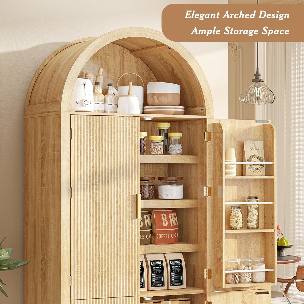 71" Arched Kitchen Pantry Cabinet, Fluted Wood Storage With 3 Adjustable Shelves & 6 Door Shelves, Modern Organizer For Kitchen, Bathroom, Natural Wood Finish (Wood)