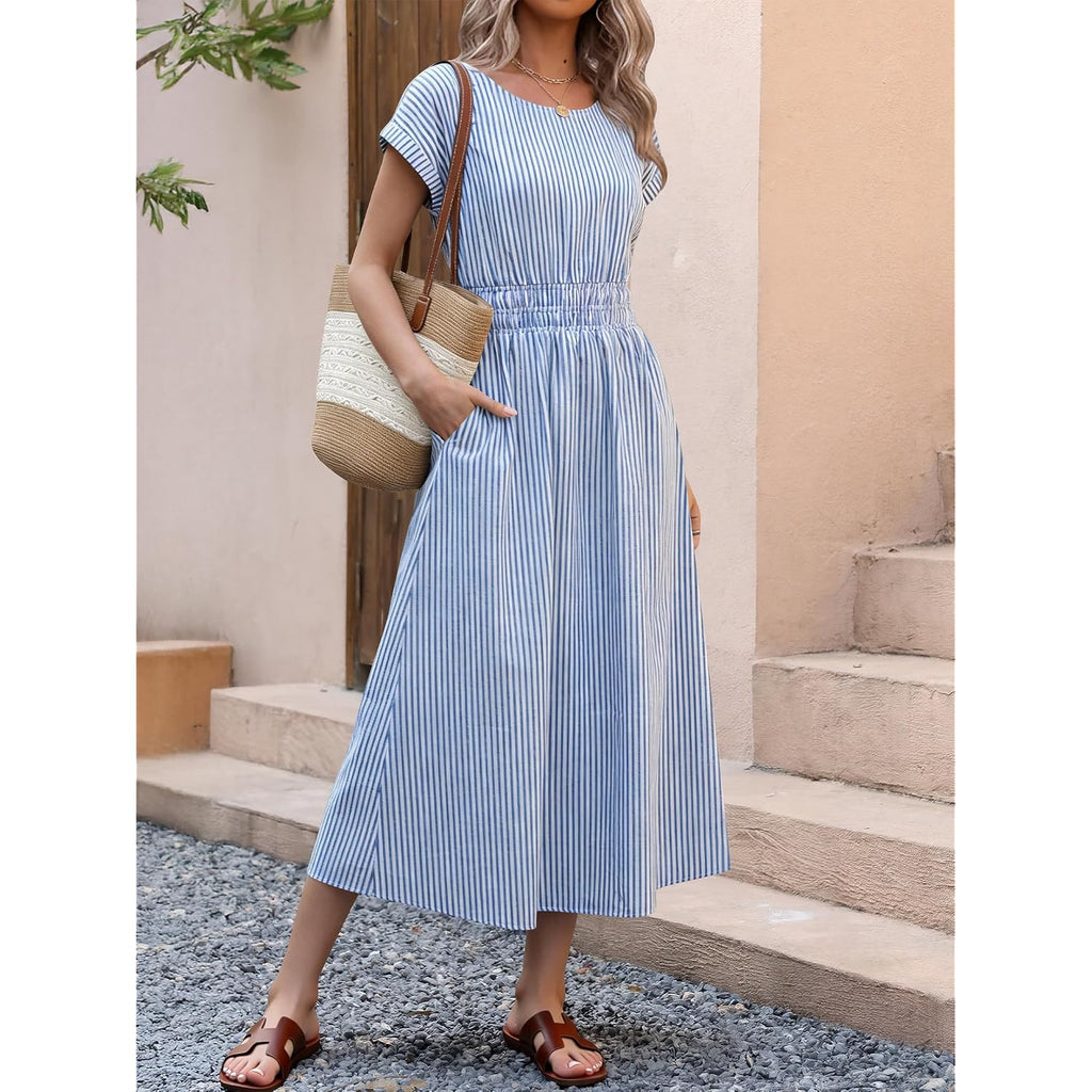 Anrabess Womens Summer Midi Dress Striped Casual Short Sleeve Crewneck Elastic Waist 2026 Flowy Long Beach Dress With Pockets