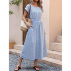Anrabess Womens Summer Midi Dress Striped Casual Short Sleeve Crewneck Elastic Waist 2026 Flowy Long Beach Dress With Pockets