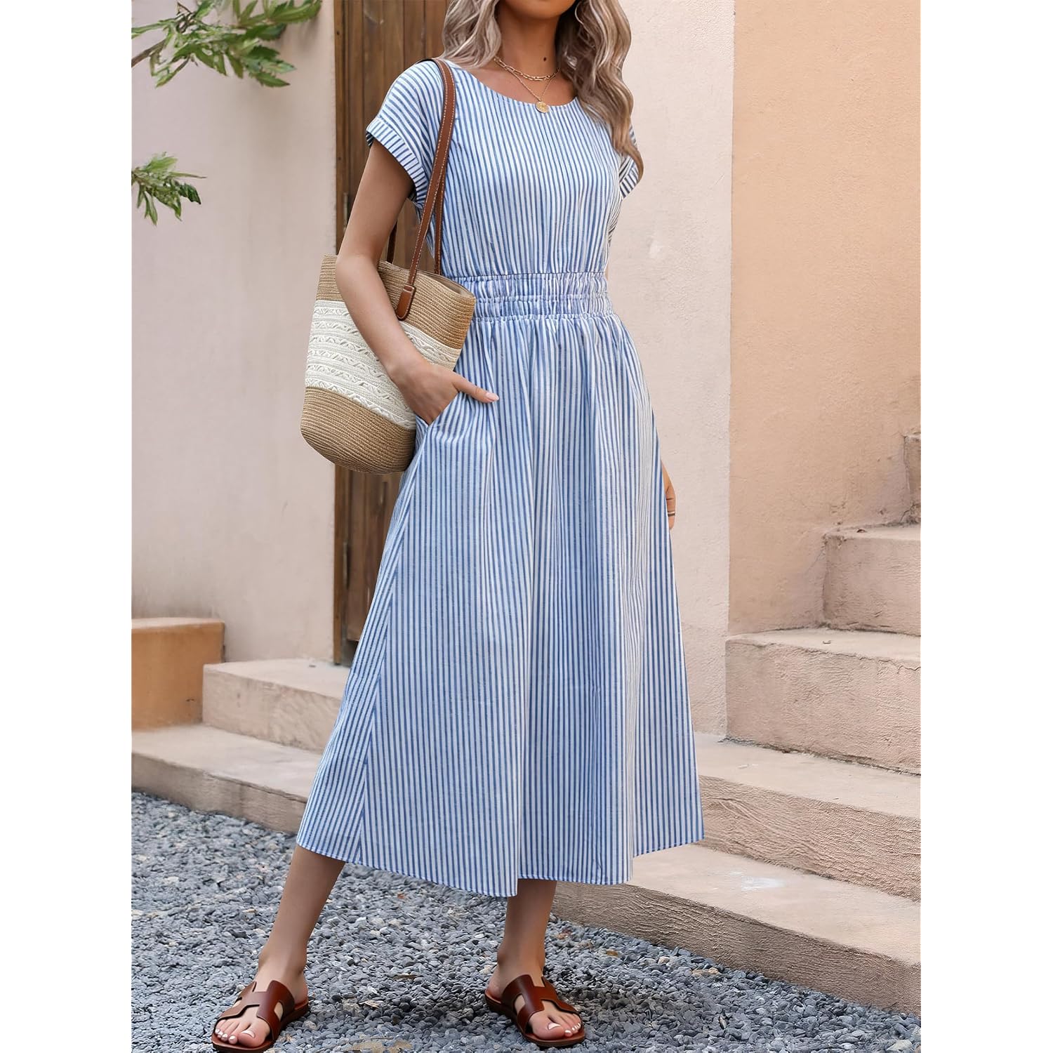 Anrabess Womens Summer Midi Dress Striped Casual Short Sleeve Crewneck Elastic Waist 2026 Flowy Long Beach Dress With Pockets
