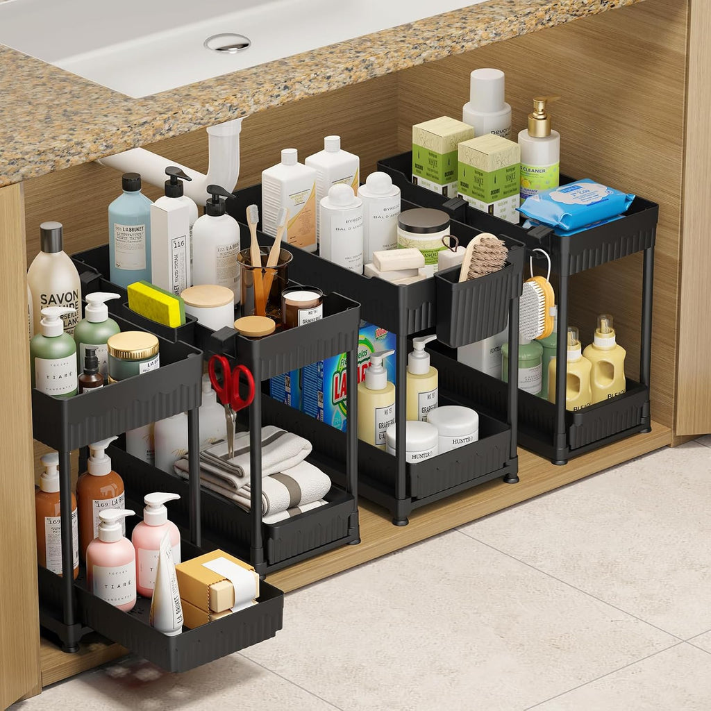 4-Pack 2-Tier Under Sink Organizer With Pull Out Drawers | Multi-Use Kitchen & Bathroom Storage. Includes Hanging Hooks And Cups. Black, Space-Saving Cabinet Design.