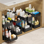 4-Pack 2-Tier Under Sink Organizer With Pull Out Drawers | Multi-Use Kitchen & Bathroom Storage. Includes Hanging Hooks And Cups. Black, Space-Saving Cabinet Design.