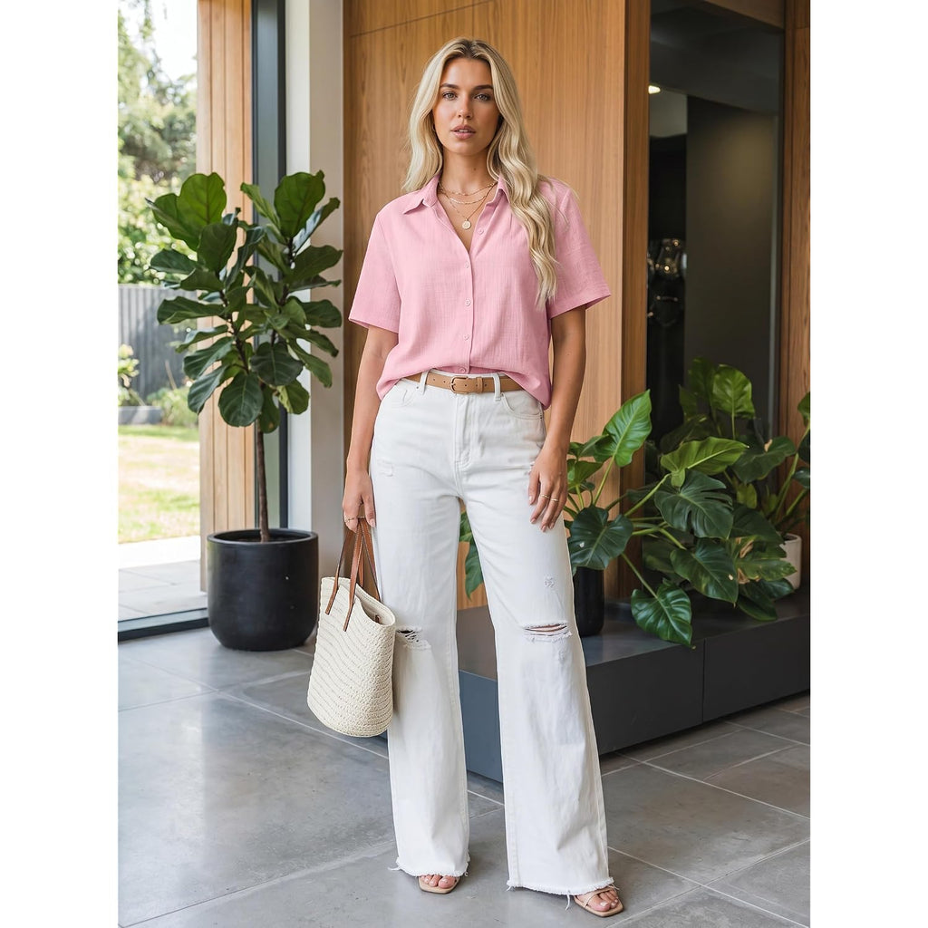Zeagoo Women Button Down Shirt Cotton Linen Blend Short Sleeve V Neck Blouse Dressy Casual Summer Tops Beach Vacation Outfits