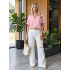 Zeagoo Women Button Down Shirt Cotton Linen Blend Short Sleeve V Neck Blouse Dressy Casual Summer Tops Beach Vacation Outfits