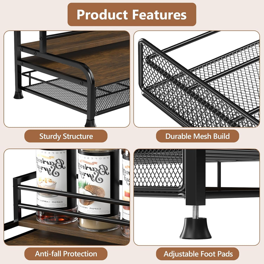 Coffee Syrup Rack Organizer, 3-Tier With 35 K-Cup Pod Holder Drawer | Black Metal Rack For 8 Syrup Bottles, Countertop Bottle Holder Stand For Wine, Space-Saving Design For Kitchen Cafe Station