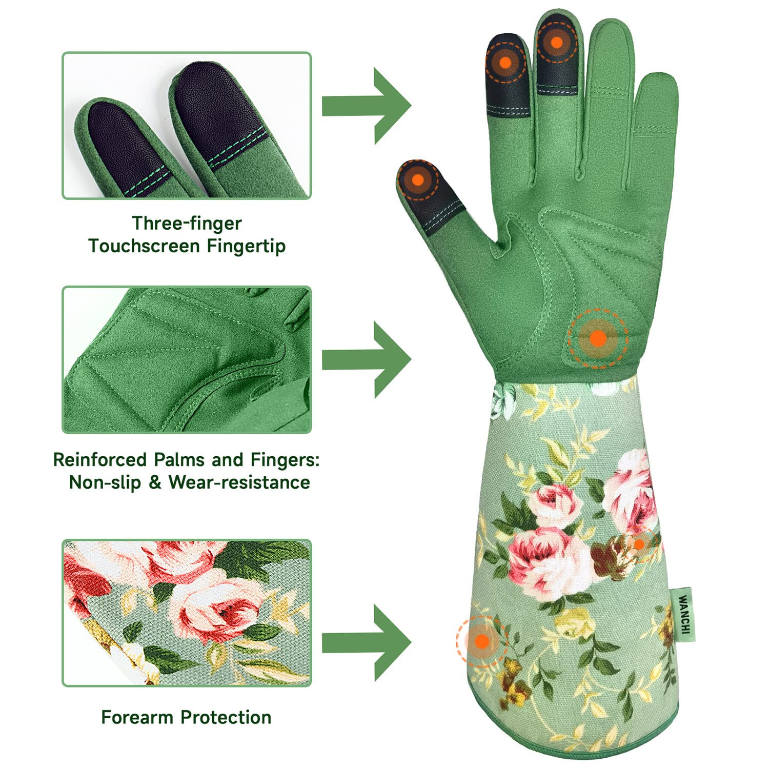 Wanchi Gardening Gloves, Durable And Comfortable Women'S Long Garden Gloves For Gardening Work And Yard Work, Leather Gardening Gloves For Women, Green Print (Medium)