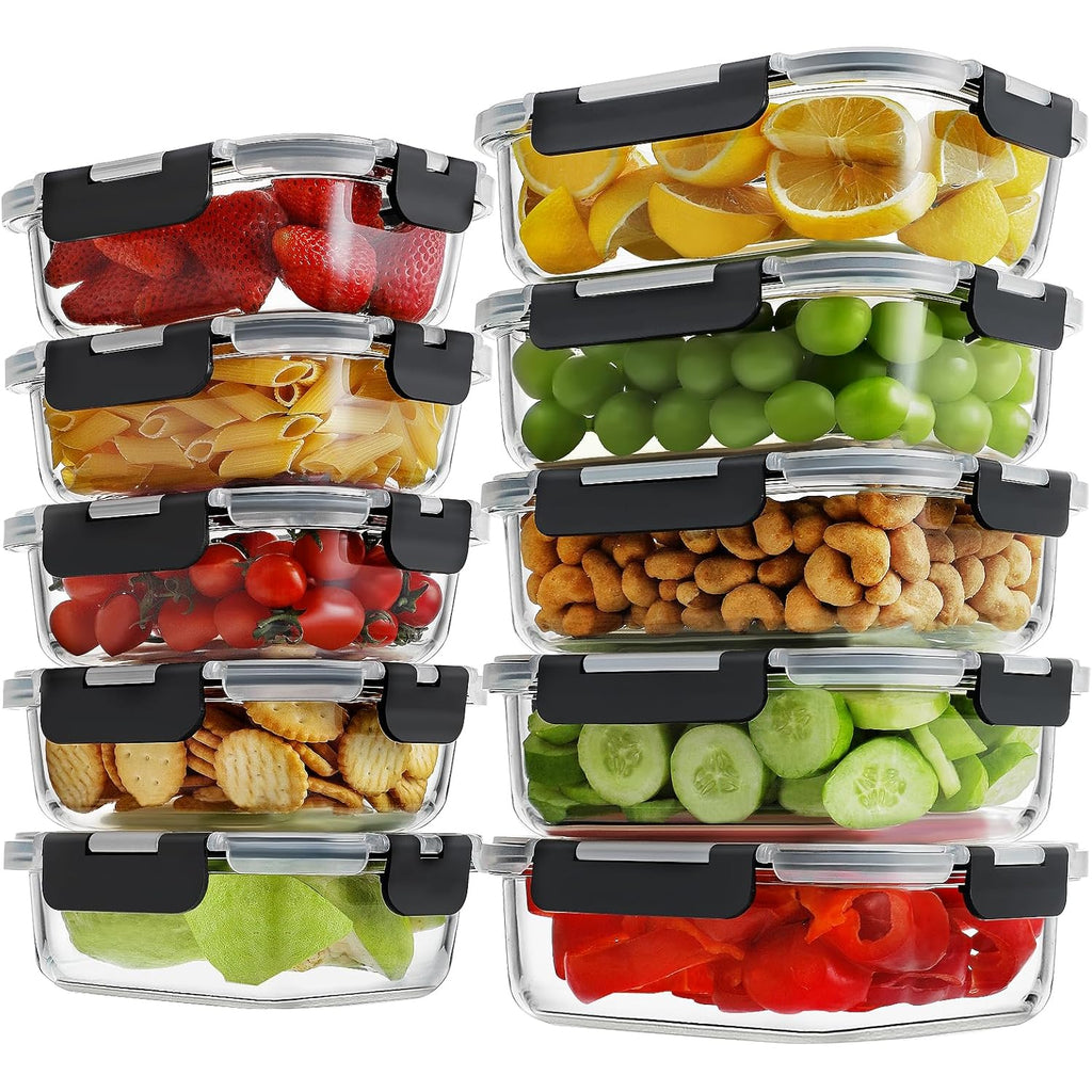 HOMBERKING 10 Pack Borosilicate Glass Meal Prep Containers with Locking Lids, Glass Food Storage Containers Set, Airtight Lunch Bento Boxes, BPA-Free & Leak Proof, 36oz & 14oz, Freezer, Oven Safe