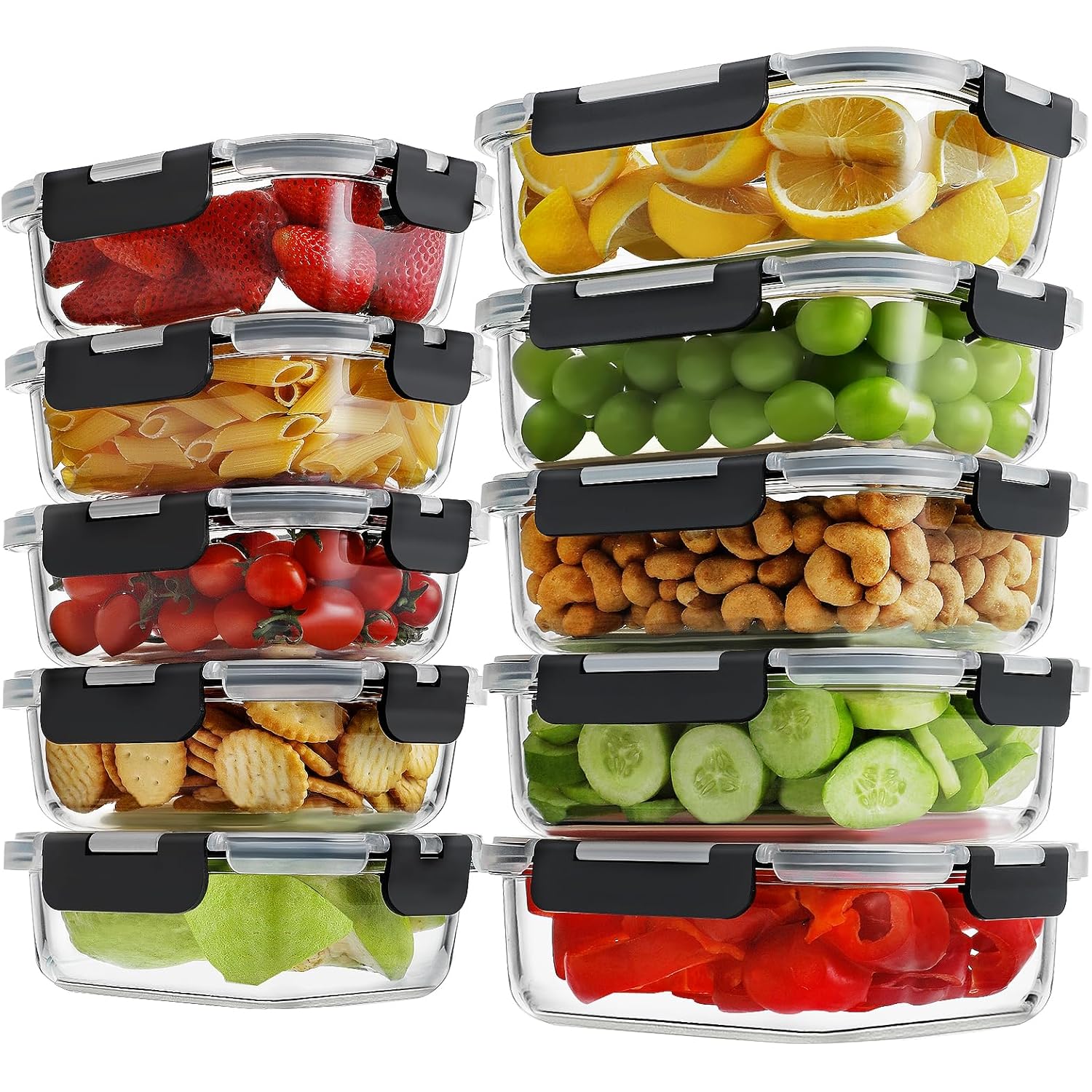 HOMBERKING 10 Pack Borosilicate Glass Meal Prep Containers with Locking Lids, Glass Food Storage Containers Set, Airtight Lunch Bento Boxes, BPA-Free & Leak Proof, 36oz & 14oz, Freezer, Oven Safe