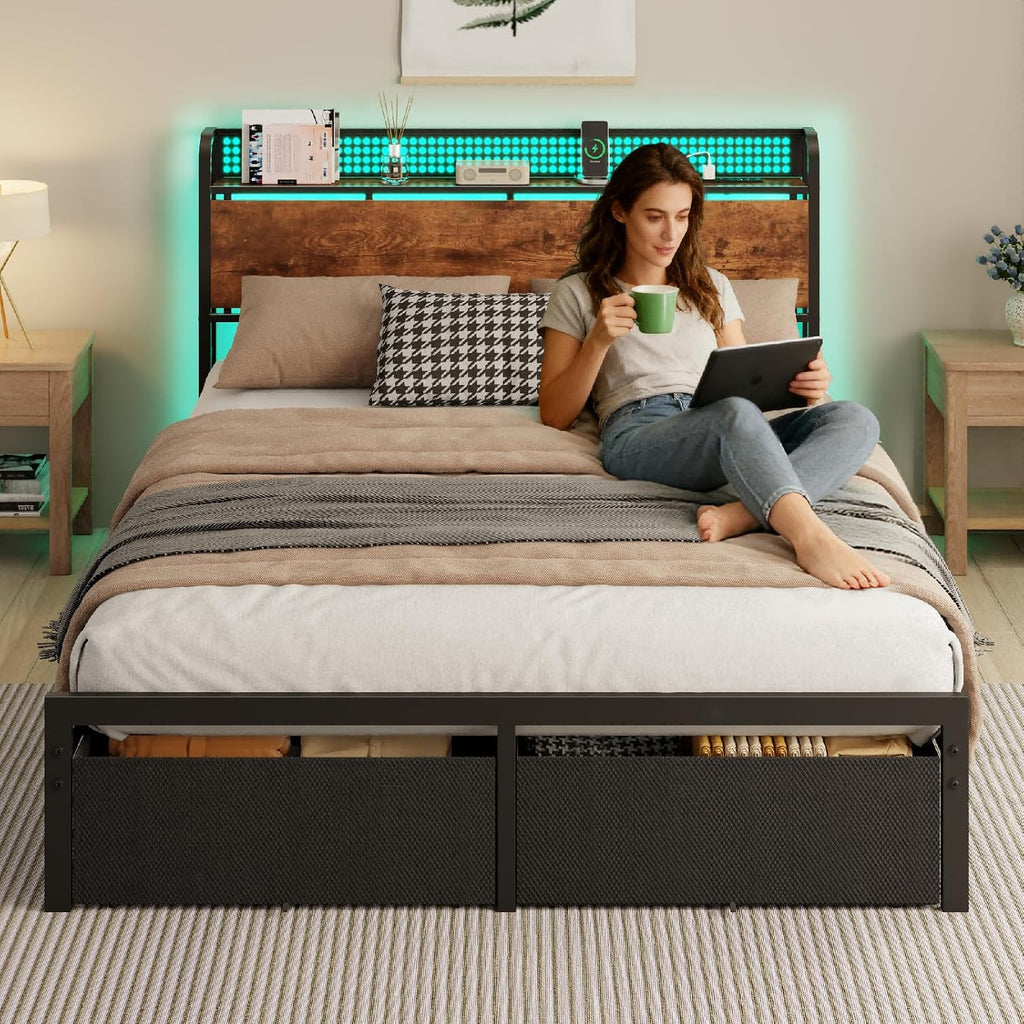 Queen Size Bed Frame With Headboard Storage, Platform Bed Frame Queen Size With 2 Drawers, Charging Station And Led Lights, No Box Spring Needed, Noise Free, Easy Assembly (1200 Lbs Capacity)