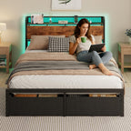 Queen Size Bed Frame With Headboard Storage, Platform Bed Frame Queen Size With 2 Drawers, Charging Station And Led Lights, No Box Spring Needed, Noise Free, Easy Assembly (1200 Lbs Capacity)