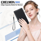 Chelmon Women's Vegan Leather Clutch Wallet with Zip, Hand Strap, Large Capacity
