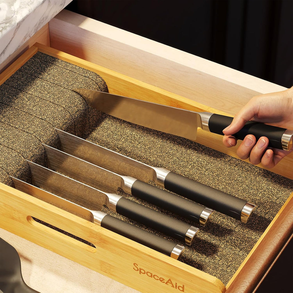 Spaceaid Knife Drawer Organizer 9 Inches Wide Bamboo Insert Dock, Kitchen Steak Knives Holder Organizers Block For Drawer In Storage Organization (Medium, Natural)