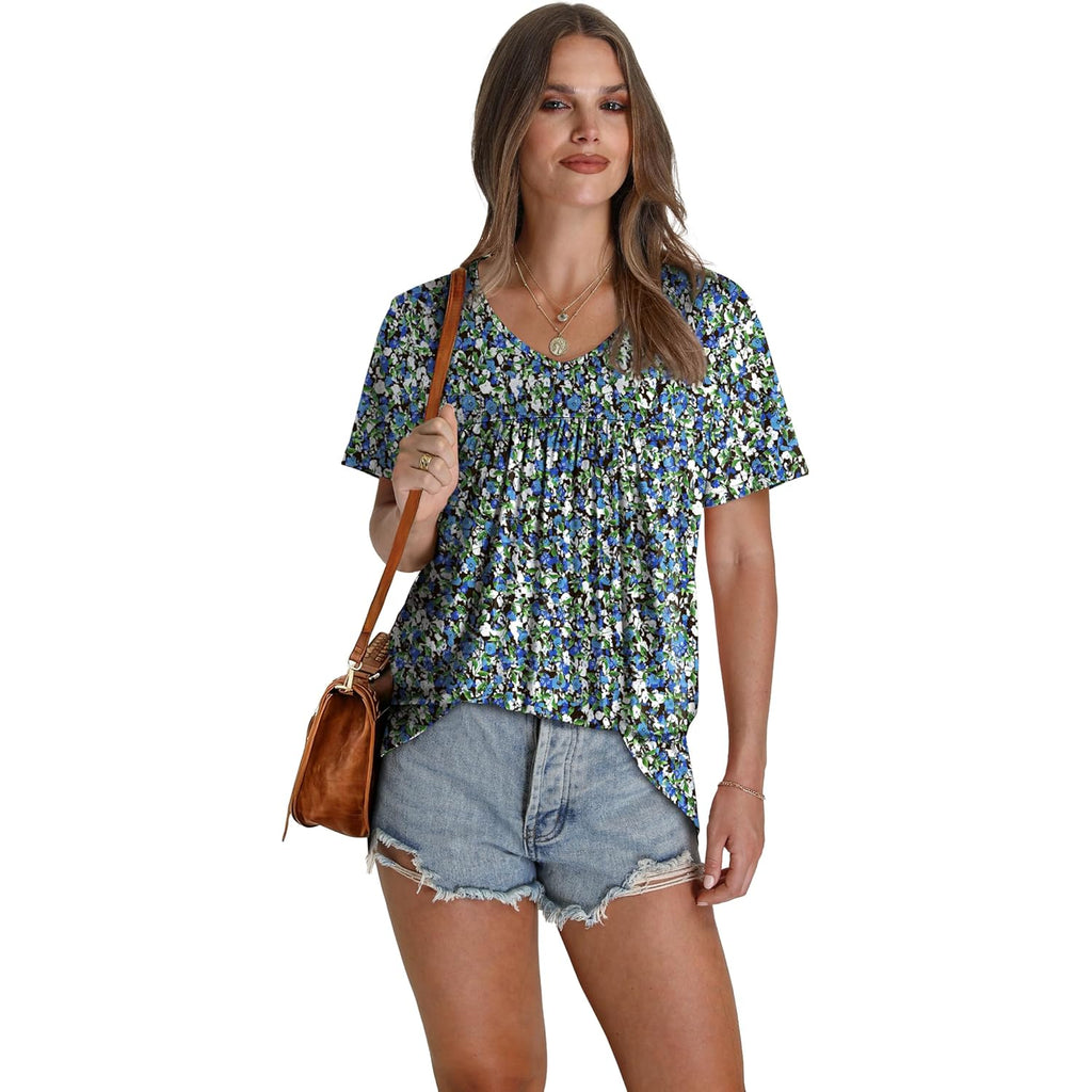 Womens T Shirts Short Sleeve Pleated Dressy Casual V Neck Summer Tops Blouses