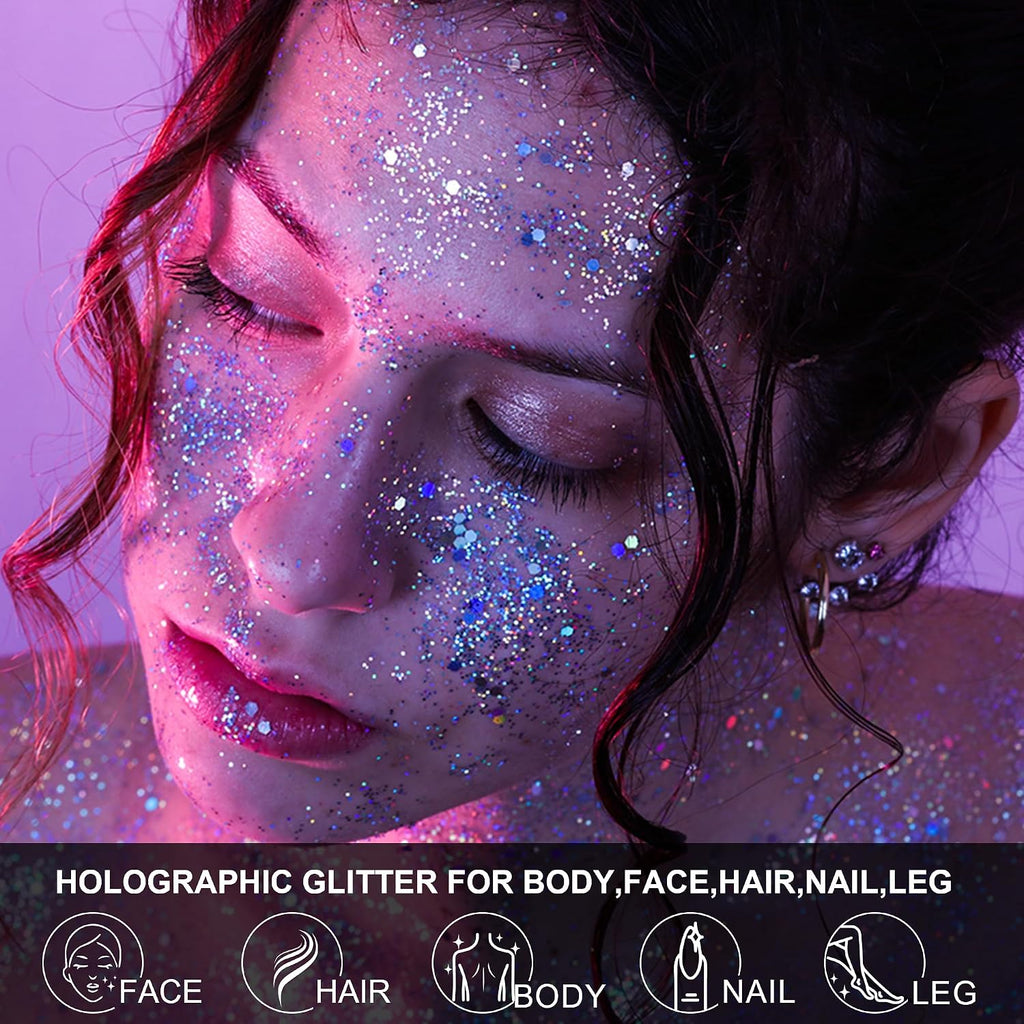 Glow In The Dark Body Face Glitter Gel For Women, 12 Colors Glitter Gel Makeup Chunky Fine Glitter, Uv Black Light Accessories For Body/Face/Hair/Eyeshadow, Carnival Party(Not Loose Glitter)