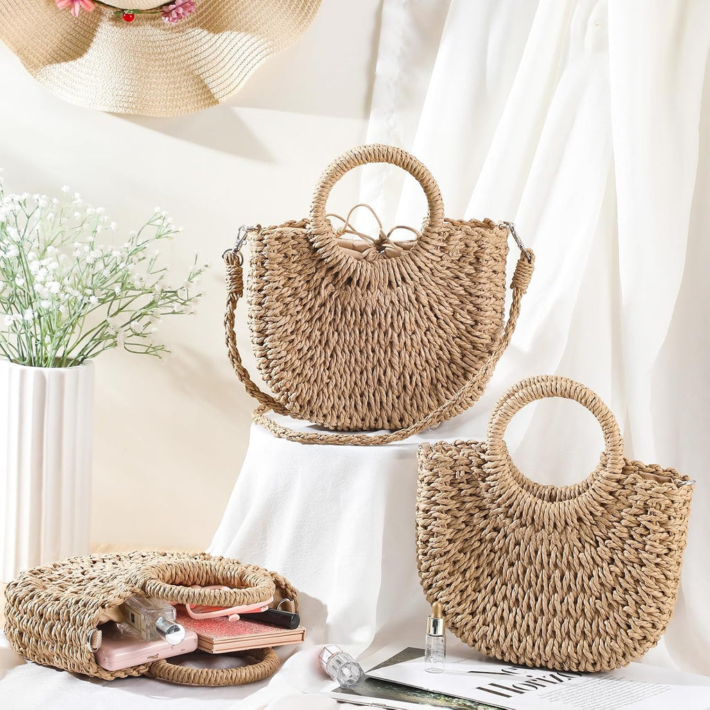 Straw Purses For Women Semi Circle Rattan Straw Purses Bulk With Handles For Women Wedding Guests Bridesmaid Gifts