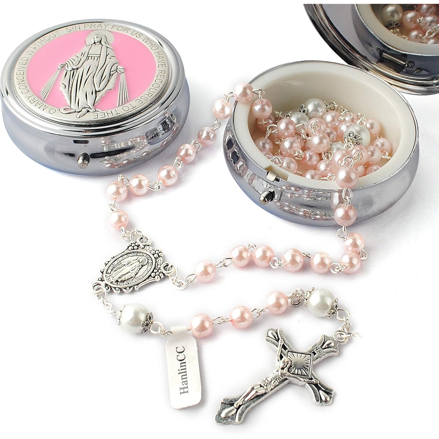 HanlinCC 6mm Glass Pearl Beads with 8mm Our Father Beads with Caps Rosary Pack in Miraculous Metal Gift Box