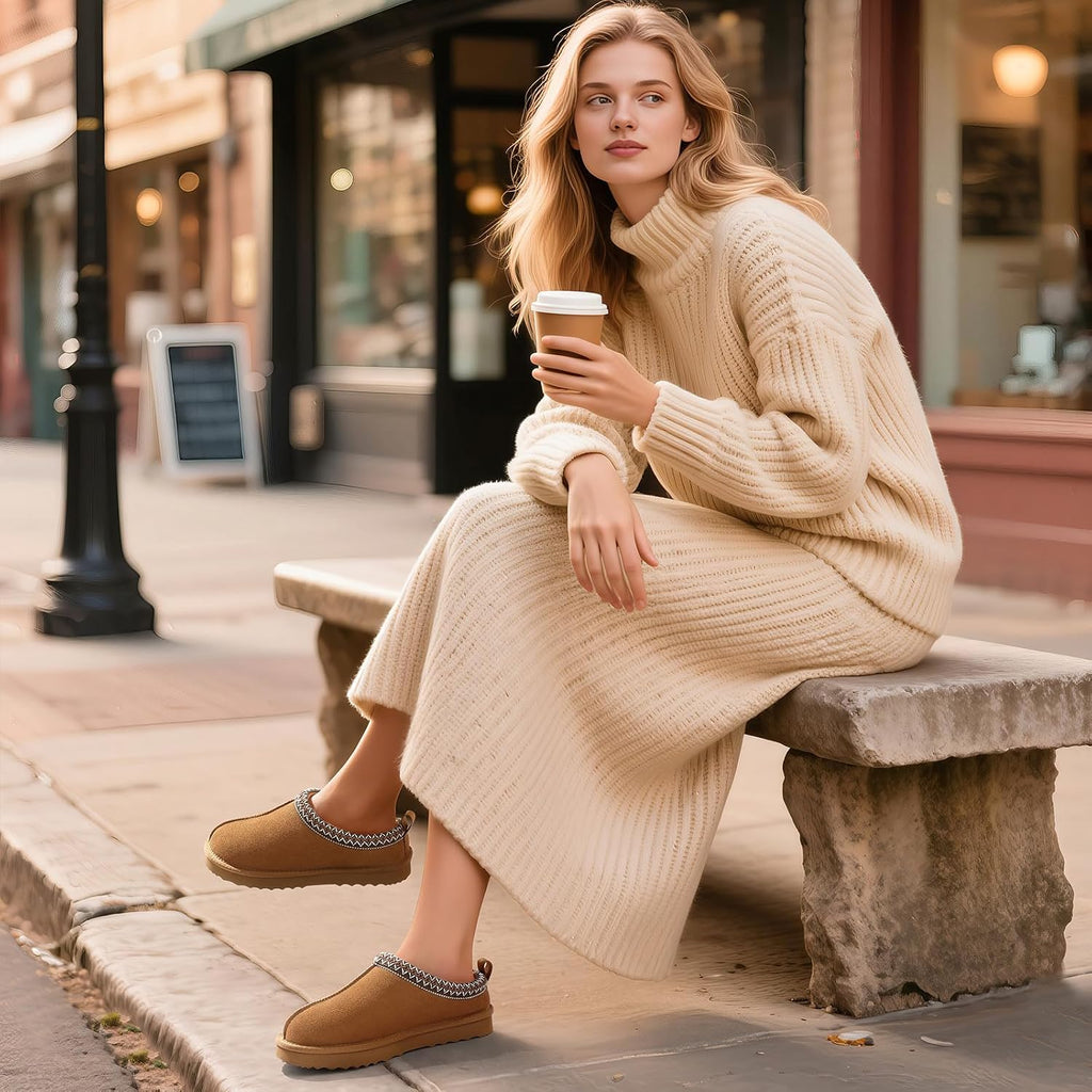 Bebealy Genuine Suede Fuzzy Slippers For Women Winter Warm House Shoes Cozy Mini Boots For Indoor Outdoor