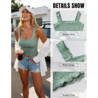 Women's Wide Strap Crop Tank Tops U Neck Flower Going Out Tank Tops Slim Fit Lettuce Print Cropped Camis Top Sleeveless Top(1-Dark Green,Medium)