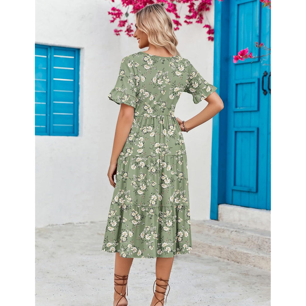 Zeagoo Women'S Summer Dresses Midi Tiered Casual Dress Floral V Neck Ruffle Short Sleeve Flowy Beach Dress With Pockets