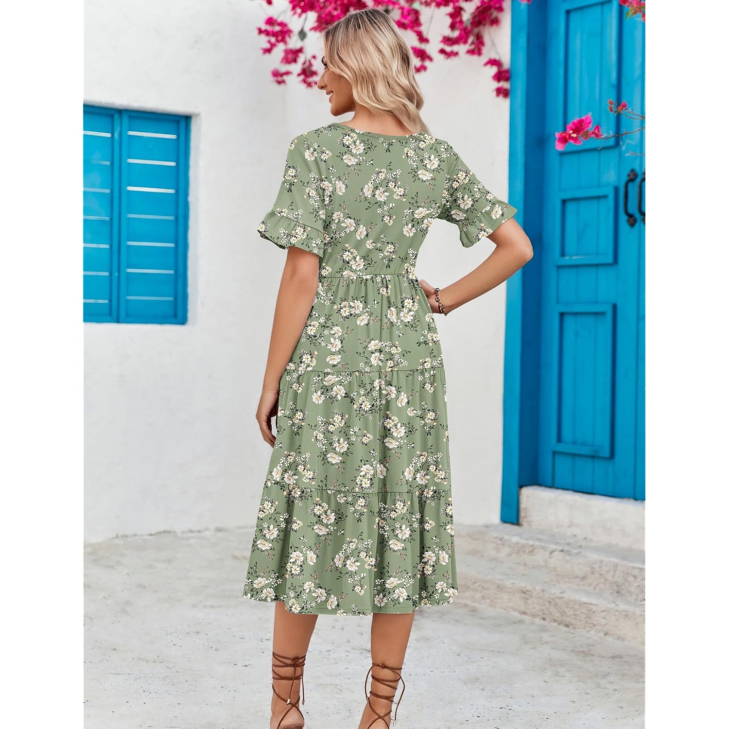 Zeagoo Women'S Summer Dresses Midi Tiered Casual Dress Floral V Neck Ruffle Short Sleeve Flowy Beach Dress With Pockets