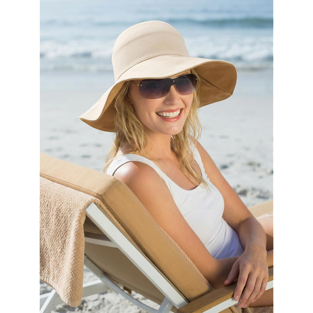 Womens Foldable Shapeable Brim Sun Hat UPF 50+ Cotton Wide Brim Beach Adjustable Chin Strap Hat Sun Protection Cap Beige
