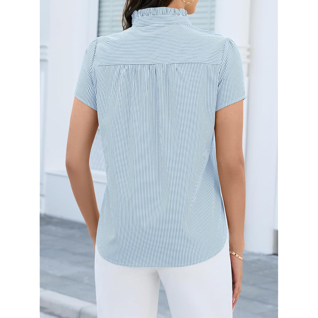 Funlingo Women'S Striped Button Down Shirts Summer Short Sleeve Tops Ruffle Collar Work Blouses Business Casual Outfits