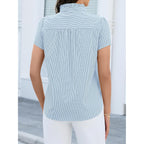 Funlingo Women'S Striped Button Down Shirts Summer Short Sleeve Tops Ruffle Collar Work Blouses Business Casual Outfits