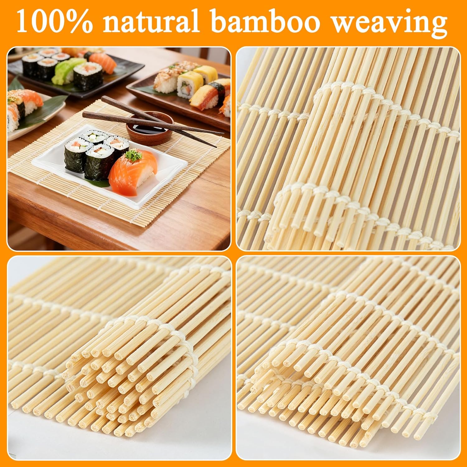 4 Pcs Bamboo Roll Sushi Mat, Sushi roll maker for Kimbap Sushi Maki Rolls, Easy Homemade (9.5" x 9.5")