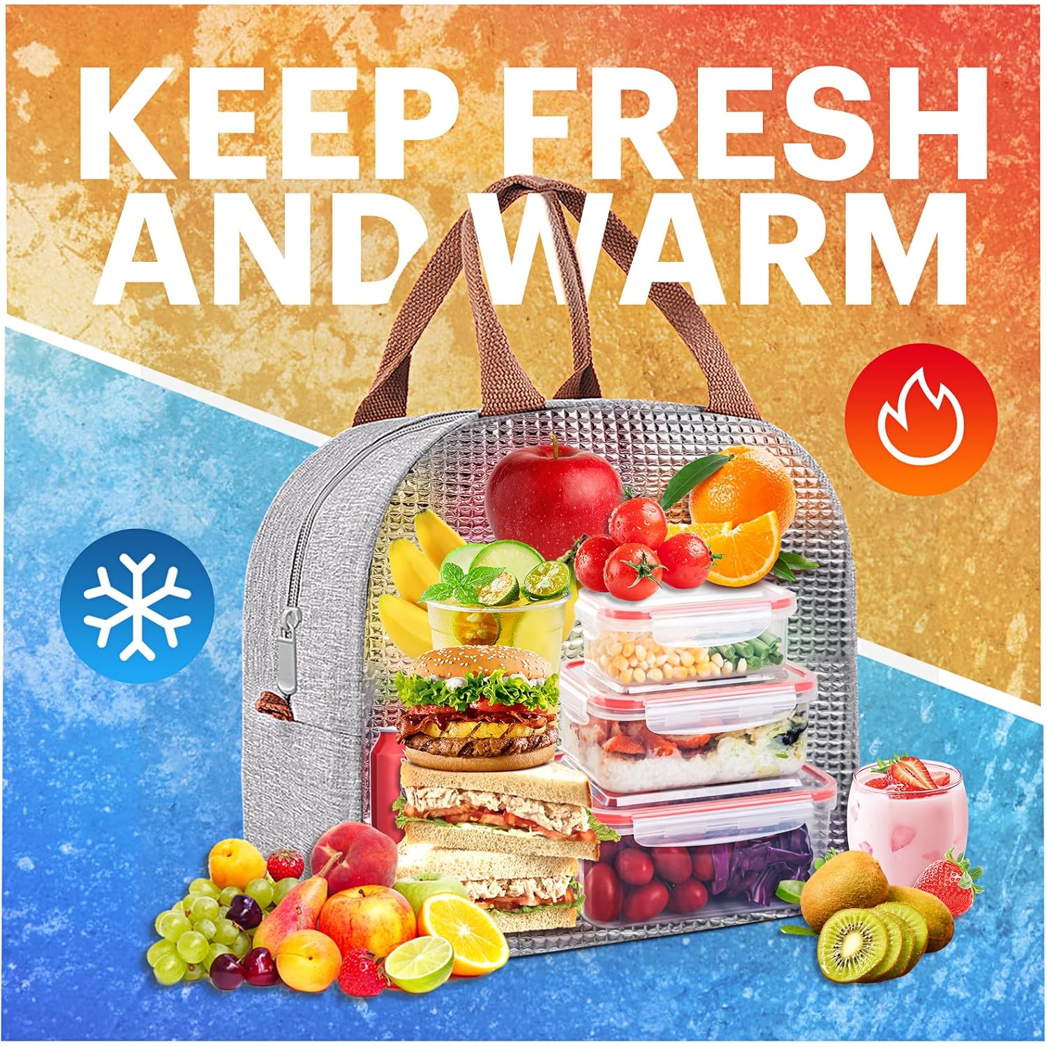 Lunch Bag For Women & Men Adult Insulated Lunch Box, Small Leakproof Cooler Food Lunch Containers Reusable High Capacity Lunch Tote Bags For Work, Travel, Outdoor (Grey)