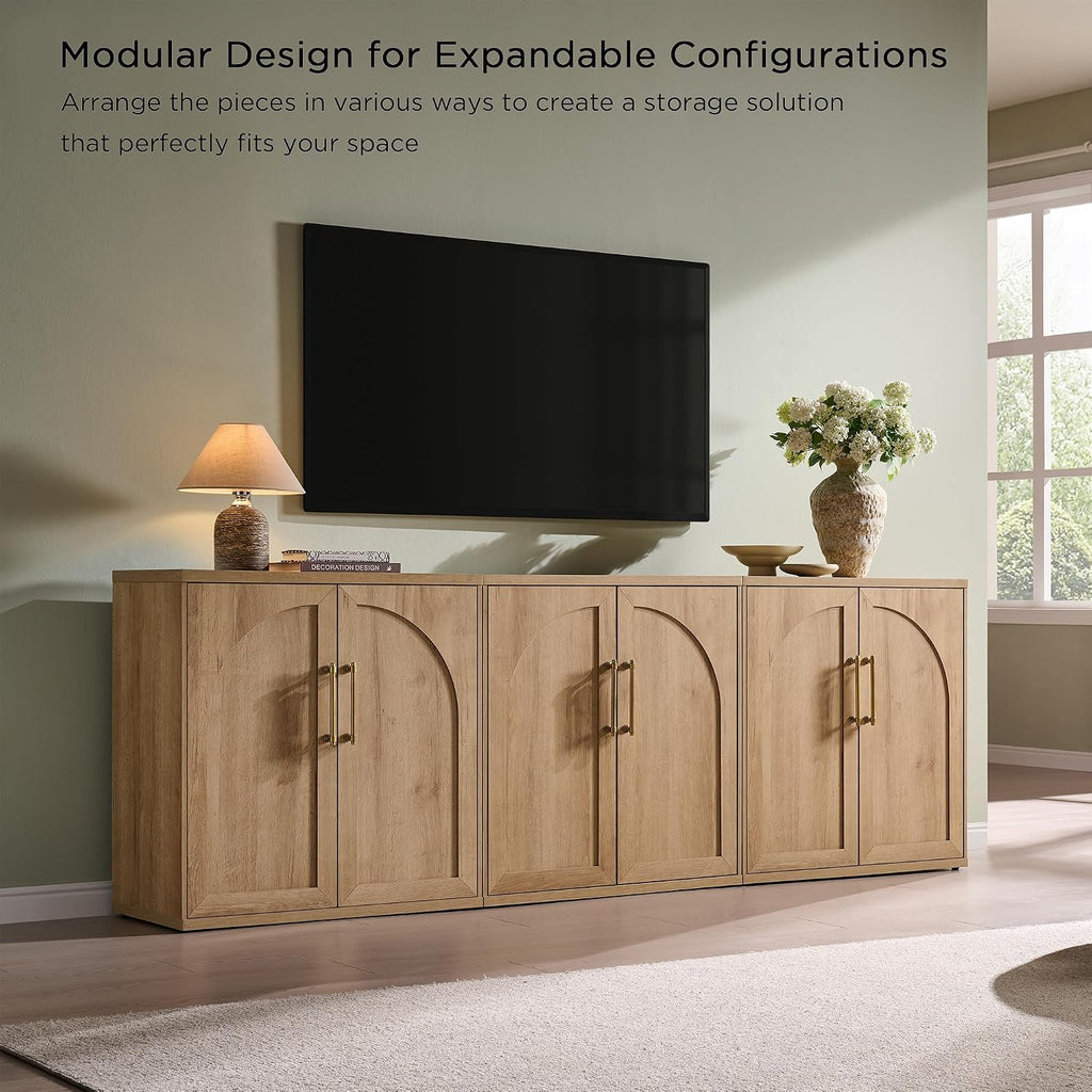 Arched Door Sideboard Buffet Cabinet Set Of 3, Natural Oak | Modular, Multi-Compartment Storage, Adjustable Shelf, Soft Close Hinges, Freestanding, For Dining Room, Living Room