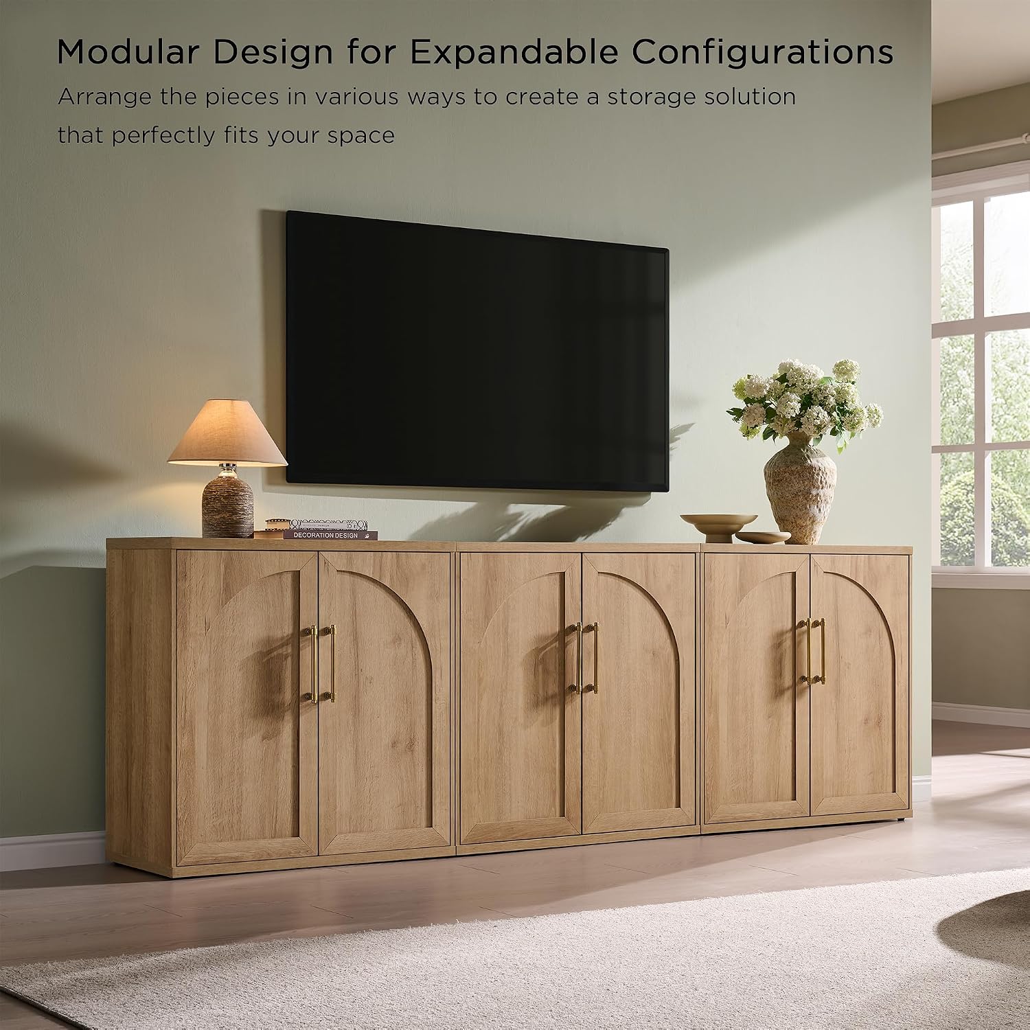 Arched Door Sideboard Buffet Cabinet Set Of 3, Natural Oak | Modular, Multi-Compartment Storage, Adjustable Shelf, Soft Close Hinges, Freestanding, For Dining Room, Living Room